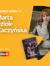 Plakat ze zdjęciem pisarki i okładką książki w prawej części. W części lewej u góry białe napisy na pomarańczowym tle.