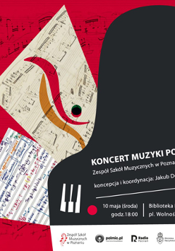 Na pierwszym planie widnieje widziany z góry kształt fortepianu, na którym umieszczono informacje o koncercie dostępne w artykule. Na dalszym planie, na czerwonym tle widać zapisy nut oraz karty z nutami i odręcznymi kolorowymi notatkami.