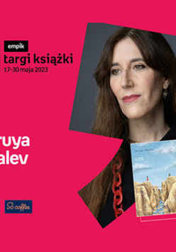 Plakat ze zdjęciem pisarki i okładką książki w prawej części. W części lewej imię i nazwisko na różowym tle.