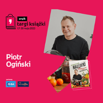 Plakat ze zdjęciem autora i okładką książki w prawej części. W części lewej imię i nazwisko na różowym tle.