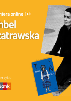 Plakat ze zdjęciem autorki i okładką książki w prawej części. W części lewej imię i nazwisko na pomarańczowym tle.