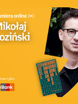 Plakat ze zdjęciem pisarza i okładką książki w prawej części. W części lewej imię i nazwisko na pomarańczowym tle.