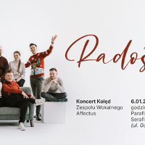 Po lewej członkowie zespołu pozują do zdjęcia. Po prawej napisy informujące o wydarzeniu.