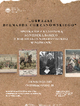 Czarne i białe napisy informujące o wydarzeniu na brązowym tle. Na środku kilka obrazów Bernarda Chrzanowskiego.