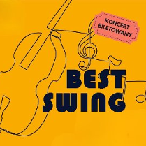 Czarny napis "Best Swing" na pomarańczowym tle. Po lewej kontrabas, od którego odchodzi klucz wiolinowy.