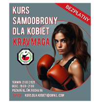 Plakat Bezpłatnego Kursu Samoobrony dla Kobiet - KRAV MAGA - w środku kobieta w ciemnych włosach z czerwonymi rękawicami na rękach. Z lewej strony logotyp organizatora, a powyżej biało-czerwony tytuł zajęć. Poniżej biały napis z terminem i lokalizacją