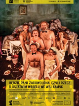 Plakat z informacjami o spektaklu oraz zdjęcie aktorów stojących w grupie, rozebranych i częściowo okrytych prześcieradłami.