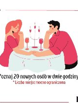 Plakat przedstawia obrazek dwóch osób- mężczyzny i kobiety siedzących przy stoliku restauracyjnym.