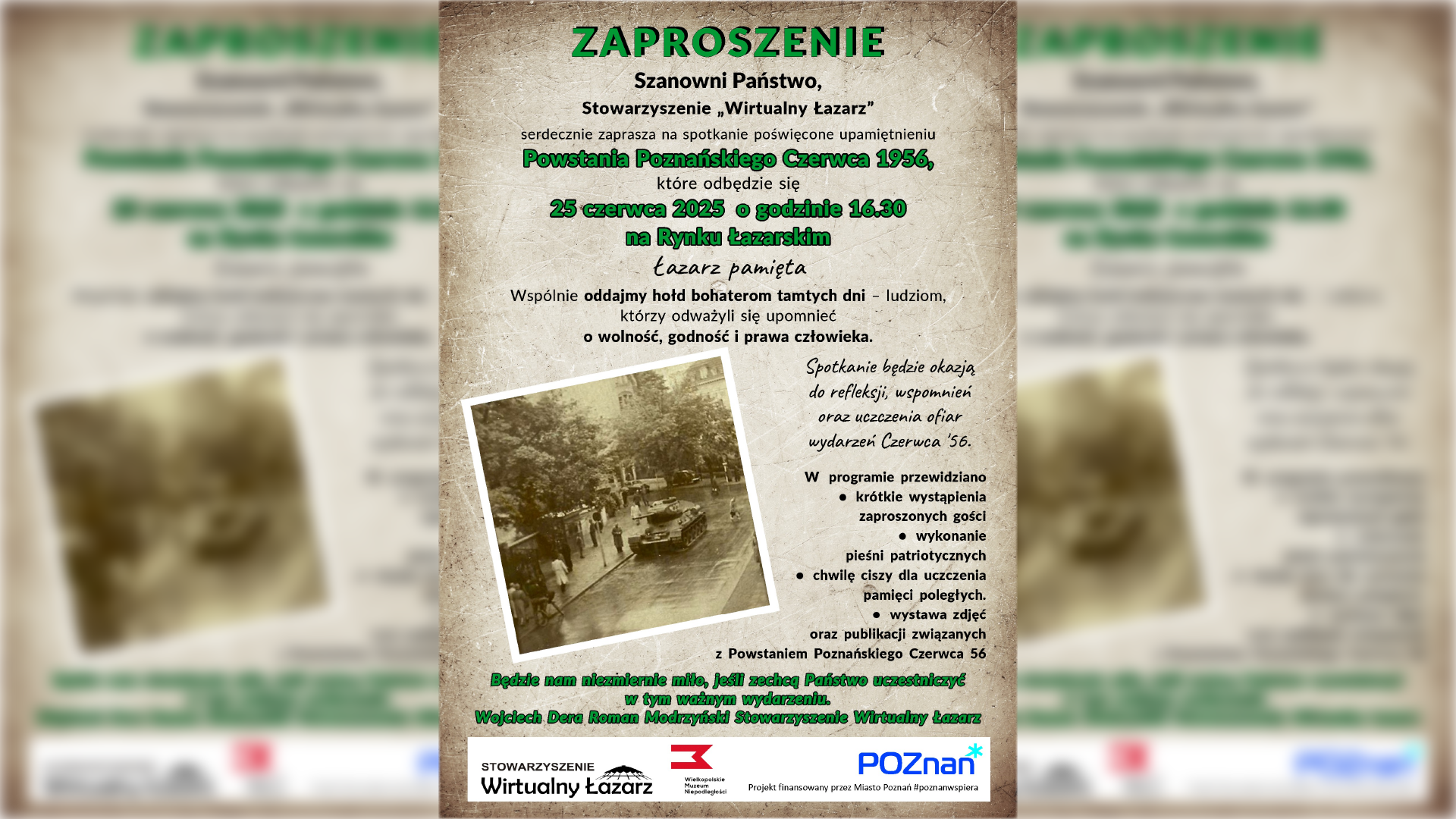 Łazarz pamięta - Spotkanie upamiętniające Powstanie Poznańskiego Czerwca 1956 Plakat informujący o spotkaniu upamiętniającym Powstanie Poznańskiego Czerwca 1956