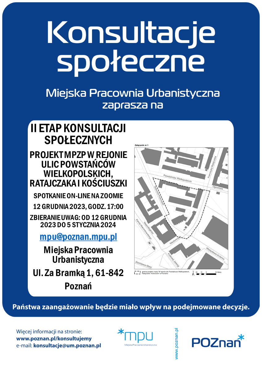 plakat konsultacje społeczne mpzp W rejonie ulic Powstańców Wielkopolskich, Ratajczaka i Kościuszki