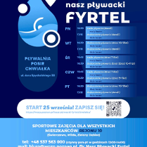 Na plakacie widnieje logo projektu, harmonogram zajęć w ramach jego realizowany na basenie Chwiałka w Poznaniu. Ponadto widać dane kontaktowe oraz informację tym, dla kogo przeznaczony jest projekt.