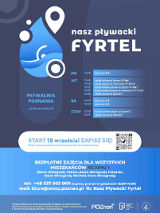 Na plakacie widnieje logo projektu, harmonogram zajęć w ramach jego realizowany na basenie Posnania w Poznaniu. Ponadto widać dane kontaktowe oraz informację tym, dla kogo przeznaczony jest projekt.