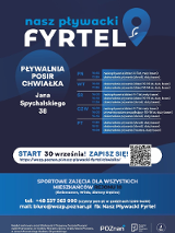 Na plakacie widnieje logo projektu, harmonogram zajęć w ramach jego realizowany na basenie Chwiałka w Poznaniu. Ponadto widać dane kontaktowe oraz informację tym, dla kogo przeznaczony jest projekt.