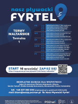 Na plakacie widnieje grafik zajęć projektu Nasz Pływacki Fyrtel odbywającego się na Termach, kod QR, link do strony oraz dane kontaktowe.