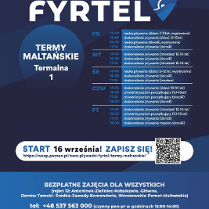 Na plakacie widnieje grafik zajęć projektu Nasz Pływacki Fyrtel odbywającego się na Termach, kod QR, link do strony oraz dane kontaktowe.