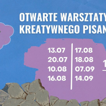 W dolnm lewym rogu mężczyzna rzeźbiący napisy w kamieniu, a nad nim chmurka jego myśli z maszyną do pisania. Obok napisy informacyjne o wydarzeniu.
