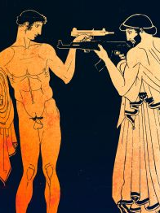 Grafika przedstawiająca dwóch mężczyzn, jeden nagi, drugi w szatach z czasów antycznych. Mężczyźni stoją naprzeciw siebie z wymierzoną w siebie nawzajem bronią.
