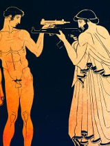 Grafika przedstawiająca dwóch mężczyzn, jeden nagi, drugi w szatach z czasów antycznych. Mężczyźni stoją naprzeciw siebie z wymierzoną w siebie nawzajem bronią.