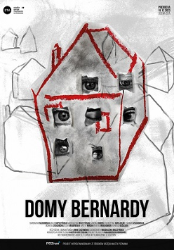 Rsunek domu czerwoną kreską, wypełniony szarym kolorem z kilkoma zdjęciami oczu w formie okien. Na dole plakatu informacje o wydarzeniu.