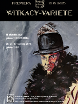 Rysunek przedstawiający twarz mężczyzny. Mężczyzna ma na głowie melonik i futrzany kołnierz wokół szyi. Z lewej strony informacje o spektaklach.