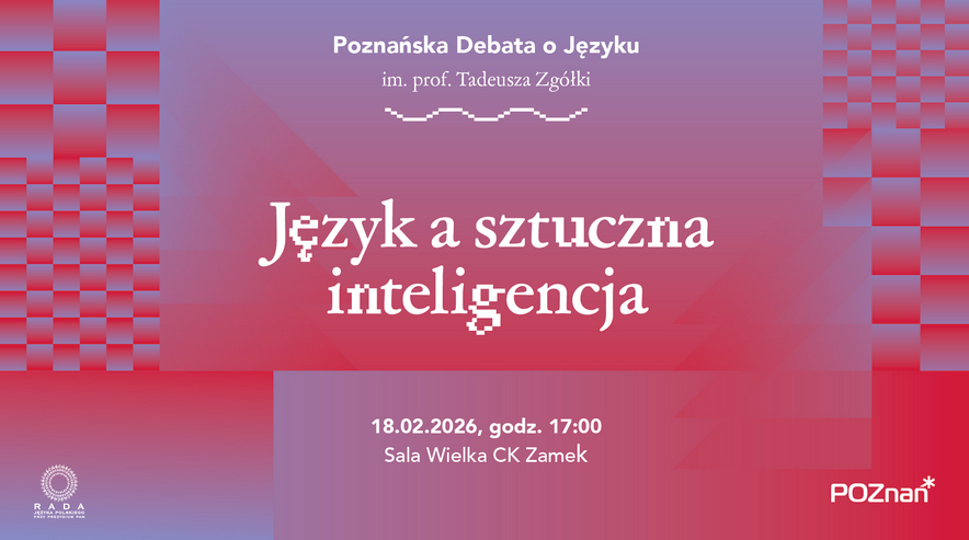 Plakat utrzymany w czerwono-fioletowej kolorystyce z nowoczesnymi motywami graficznymi. Po bokach znajdują się kolumny składające się z małych, trójwymiarowych kostek, a tło wypełnia delikatny gradient i geometryczne podziały. Niektóre znaki w tytule są stylizowane na cyfrowe usterki, co nawiązuje do technologicznej tematyki wydarzenia. Na środku informacje o wydarzeniu zawarte w treści artykułu.