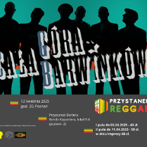 Czarne sylwetki członków zespołu na zielono-czerwonym tle. Na środku nazwa zespołu, na dole informacje o wydarzeniu.