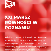 Białe napisy informujące o wydarzeniu na czerwonym tle.