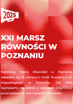 Białe napisy informujące o wydarzeniu na czerwonym tle.