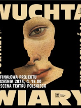 Na czarnym tle fragment twarzy, dookoła niej, w kwadracie, informacje na temat wydarzenia.