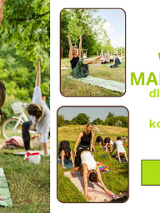 Trzy obrazki przedstawiające grupę osób ćwiczących jogę w różnych pozach, na matach, na trawie. Szczegółowe informacje na temat wydarzenia zawarte w treści artykułu.