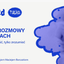 Niebieskie napisy informujące o wydarzeniu, szczegóły zawarte w treści artykułu oraz niebieski kształt na kremowym tle.