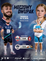 Po lewej stronie stoi zawodnik w granatowym stroju z kijem do unihokeja, po prawej zawodniczka w biało-niebieskim stroju z rękami skrzyżowanymi. Tło jest niebieskie z efektem dymu i światła. W środkowej części szczegółowe informacje na temat wydarzenia zawarte w treści artykułu.