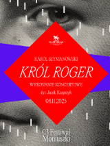 w tle fragment twarzy z widocznym okiem i ustami, na tym niebieska szeroka linia biegnąca w poprzek plakatu oraz czerwony romb z informacjami o spektaklu