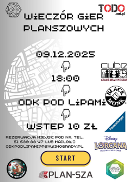 Na górze po lewej stronie znajduje się kość do gry. W tle umieszczono duży, jasnoszary zarys mapy z siatką ulic. Na froncie dłonie pikselowe wskazujące w dół. Po prawej stronie plakatu umieszczono logotypy wydawców gier planszowych. U dołu widnieje żółty przycisk z napisem "Start". Pod nim znajdują się trzy dodatkowe logotypy z ilustracją graczy przy stole, logo Plan-Sza oraz zielono-białe logo ODK "Pod Lipami". Informacja o rezerwacjach zawarta w treści artykułu.