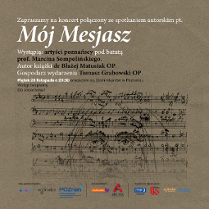 na brązowo-szarym tle znajdują się informacje o wydarzeniu napisane białymi i czarnymi literami oraz czarne nury zapisane na pięcioliniach układające się w kształt twarzy