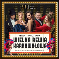 W centralnej części plakau widnieje grupa pięciu elegancko ubranych artystów pozujących na tle złotych świateł, mężczyzna w cylindrze, kobieta w granatowej sukni, kobieta w błyszczącej sukni oraz para tancerzy w czerwonych strojach. Na dole umieszczona jest rozświetlona tablica w stylu teatru broadwayowskiego z tytułem wydarzenia. Po bokach tablicy znajdują się kolorowe postacie tancerek karnawałowych w pióropuszach. Szczegóły wydarzenia zawarte w treści artykułu.