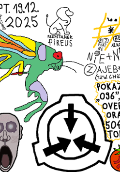 Kolorowy plakat w stylu rysunków odręcznych z programu Paint na białym tle. Na plakacie widoczny jest wielobarwny owad, logotyp Fundacji SCP, w lewym dolnym rogu twarz obiektu SCP-096, a w prawym górnym rogu obiekt SCP-504, logo i nazwa klubu dyskusyjnego oraz szczegóły na temat wydarzenia zawarte w treści artykułu.