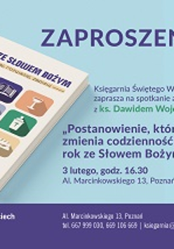 Plakat prezentujący książkę, z lewej strony widać okładkę, z prawej otwartą książkę. Pomiędzy nimi napisy będące informacjami o wydarzeniu, które są zawarte w treści artykułu. Fioletowe napisy na niebiesko-zielonym, jednolitym tle. Poniżej fioletowy pasek z białymi napisami - informacjami o Księgarni Świętego Wojciecha.