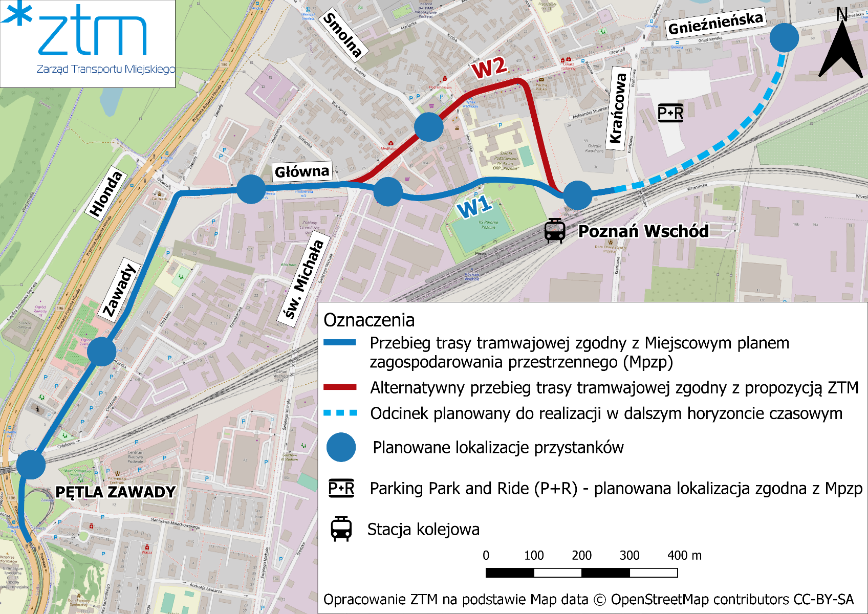 Poglądowy schemat dwóch wariantów trasy tramwajowej do stacji Poznań Wschód