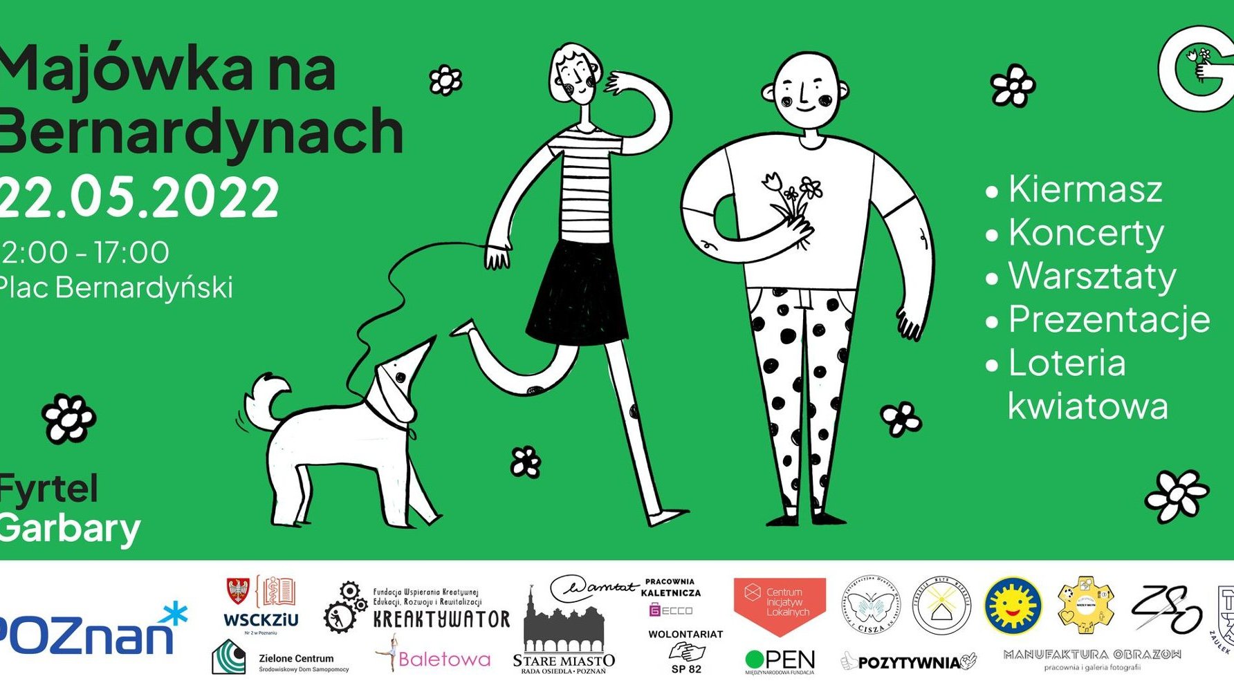 Plakat zapowiadający wydarzenie. Widać na nim rysunek kobiety z psem oraz mężczyzny, a także informacje o wydarzeniu.