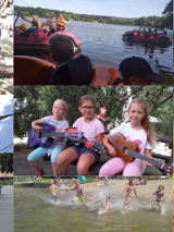 Kolaż zdjęć, na których są dzieci podczas różych wakacyjnych czynność: grające na ukulele, pływające po jeziorze w rowerach wodnych, jadęce na rowery, gimnastykujące się na plaży...