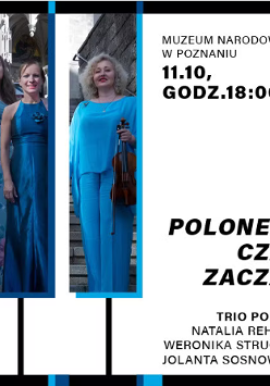 Grafika przedstawia klawisze fortepianu. W dwa z z nich wpisano zdjęcia zespołu Trio Pontis. Trzy kobiety ubrane w niebieskie stroje pozuje do zdjęcia. Stoją na starych, kamiennych schodach. Jedna z kobiet trzyma w ręku skrzypce.