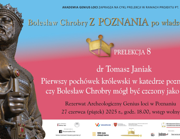 Posąg Bolesława Chrobrego, informacje o projekcie historycznym na różowo-niebieskim tle.