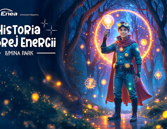 Postać młodego odkrywcy w niebieskim stroju z czerwoną peleryną, który trzyma świecącą żarówkę w ciemnym lesie. Wokół świecące kule. Obok napis "Historia Dobrej Energii, Lumina Park" oraz logo sponsora projektu.