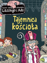 Okładka książki "Tajemnica kościoła". Rysunek wnętrza kościoła z księdzem i dwójką dzieci, które chowają się za ławką.