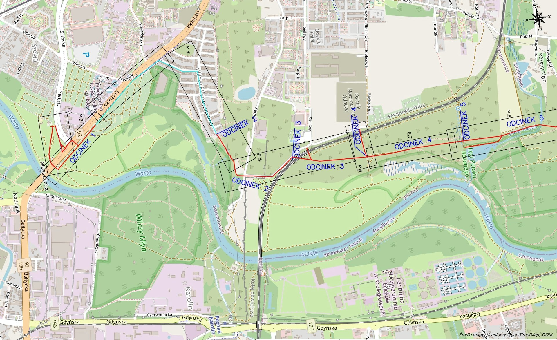 Przebieg trasy ścieżki pieszo-rowerowej Wartostrada do Owińsk, podzielonej na odcinki