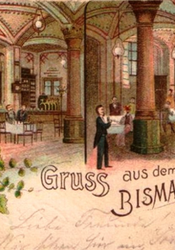 Grafika starej restauracji, z ozdobnym sufitem i wiszącymi lampami. Goście restauracji ubrani w eleganckie stroje. Napis na grafice Gruss aus dem Bismarcktunnel Posen.