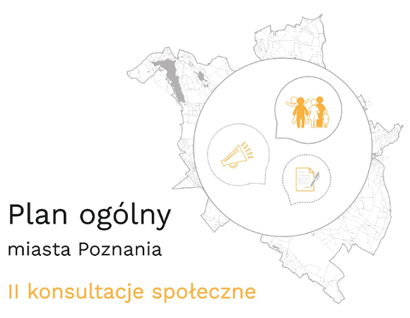 Grafika POG Przedstawienie zarysu mapy miasta. W kole przedstawione grafiki przedstawiające ludzi, kartkę z długopisem i megafon.