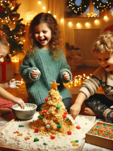 Zdjęcie, troje roześmianych dzieci bawi się na dywanie, tworząc dekoracje świąteczne.