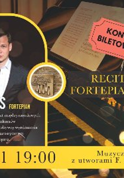 To zdjęcie to plakat koncertu recitalu fortepianowego. Wyraźnie prezentuje tekst i obrazy związane z wydarzeniem. Po lewej stronie znajduje się fotograficzne zdjęcie osoby ubranej w formalny strój. Na dole podane są data i godzina recitalu: "23.11 19:00", a dodatkowy tekst wspomina "Muzyczna uczta z utworami F. Chopina", sugerując, że koncert będzie zawierał utwory Fryderyka Chopina. Całość kolorystyki plakatu to głównie żółty i czarny, co nadaje mu formalny i elegancki wygląd.